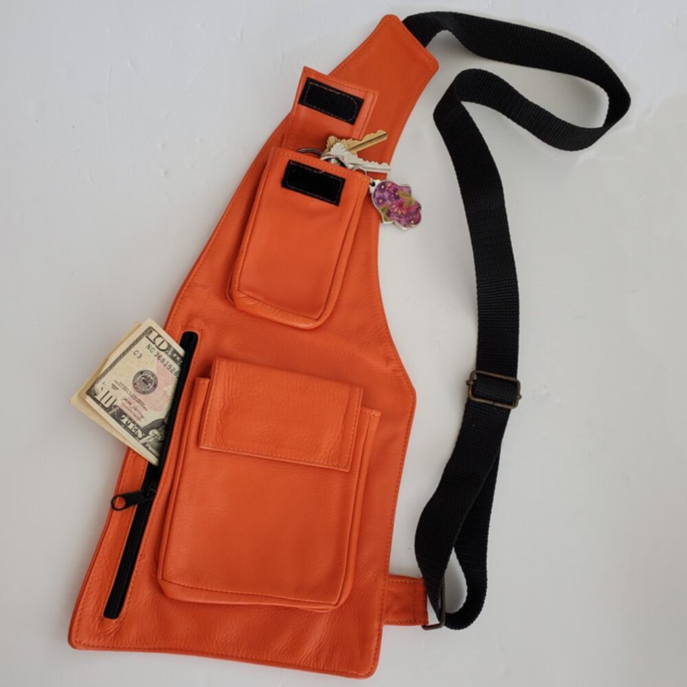 Orange Genuine Leather Sling Bag, Shoulder Bag, Cross Body Bag with Dual Zippers